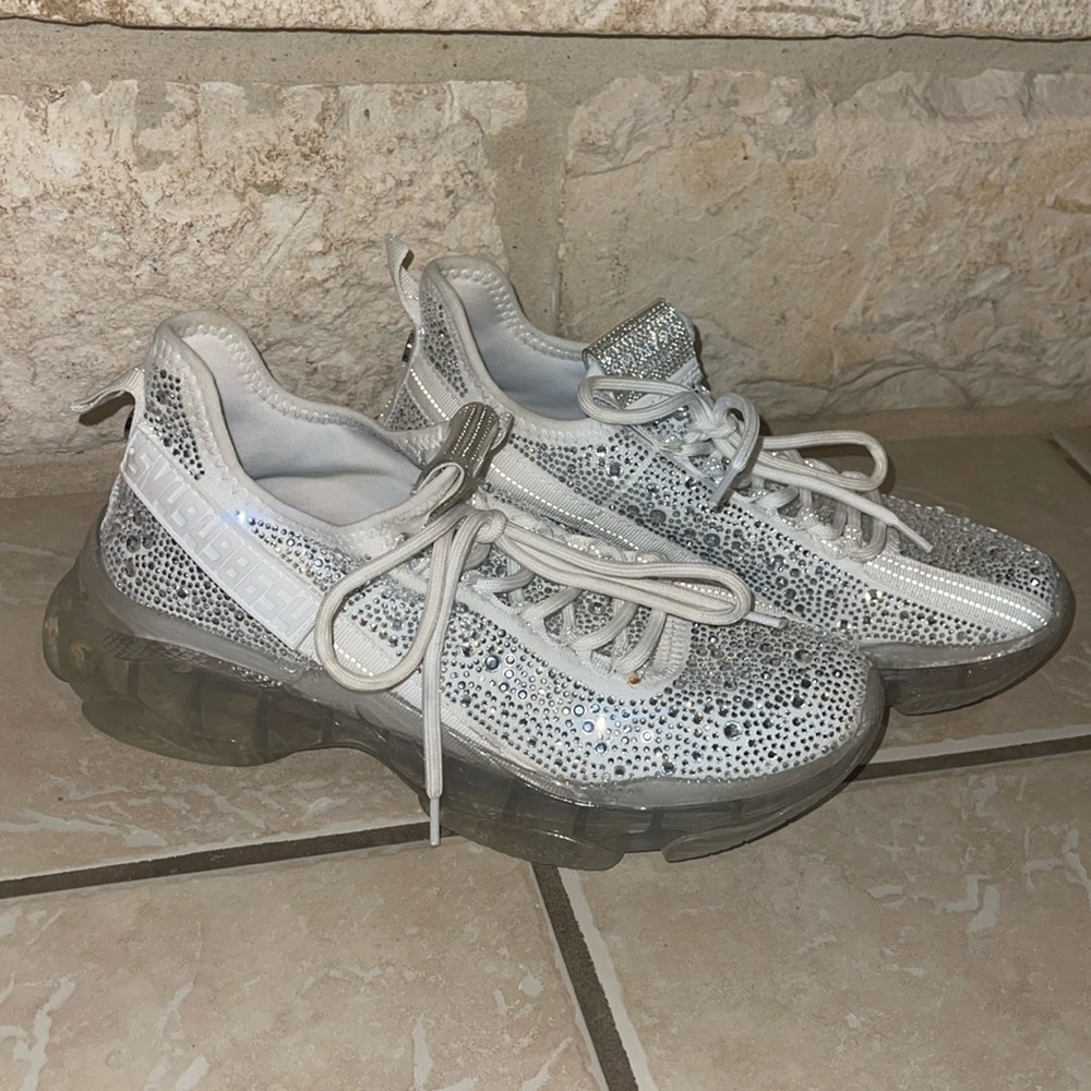 White Steve Madden sneaker clear rhinestones all the way around